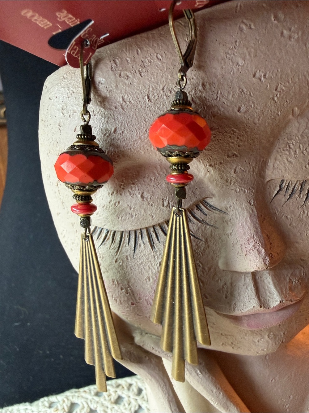 Vintage-Inspired coralish Faceted Bead Drop Earrings with Antique brass Tassels